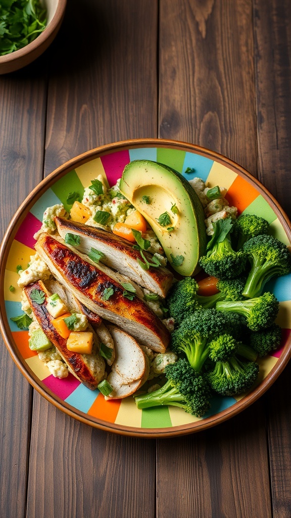 Low carb meal with grilled chicken salad, avocado, and steamed broccoli on a wooden table.